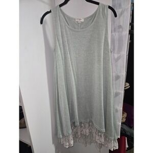 Tunic Length Lacey Bottom Tank Top Light Green Lagenlook Boho